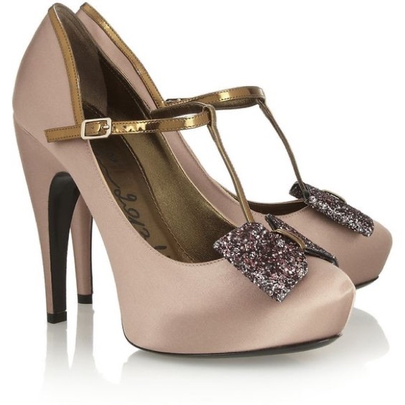 Lanvin Shoes - LANVIN Glitter-Bow Satin T-Bar Pumps